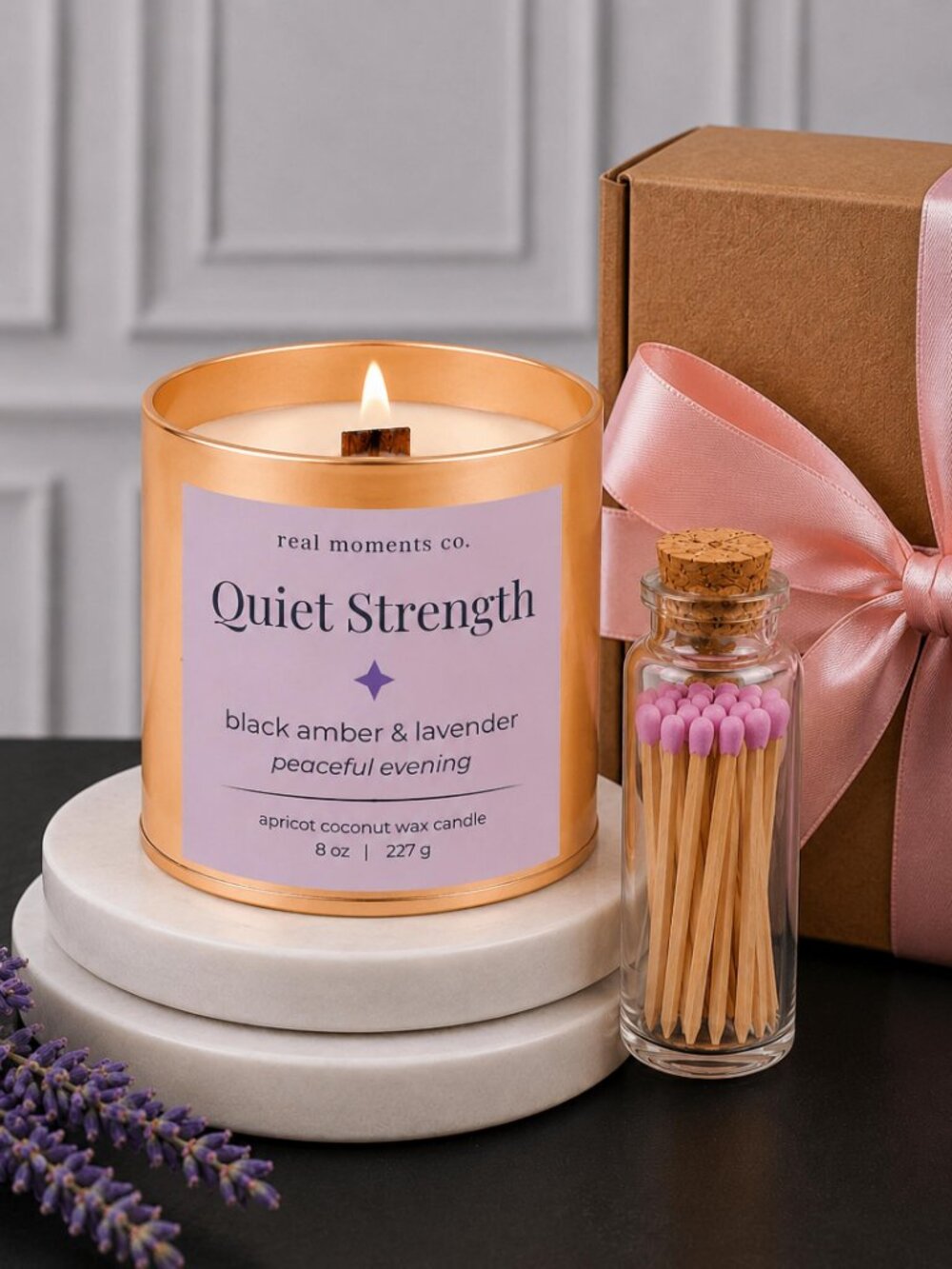 Quiet Strength Candle, Black Amber & Lavender, Self Candle Gift Set